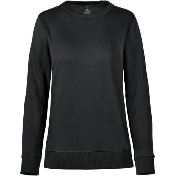 A black fleece crew neck jumper with long sleeves and ribbed cuffs, featuring a logo on the front.