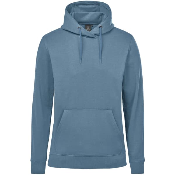 A blue men's fleece hoody featuring a front pocket and a drawstring hood, with a logo on it.