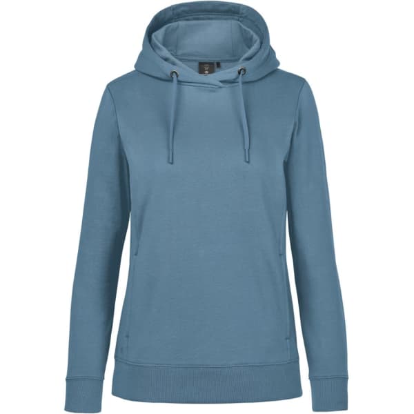 A women's fleece hoody in a soft blue colour, featuring a large hood and a logo on the front.