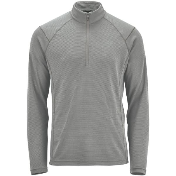 A grey 1/2 zip pullover featuring long sleeves and a subtle textured pattern, with a logo on the chest.