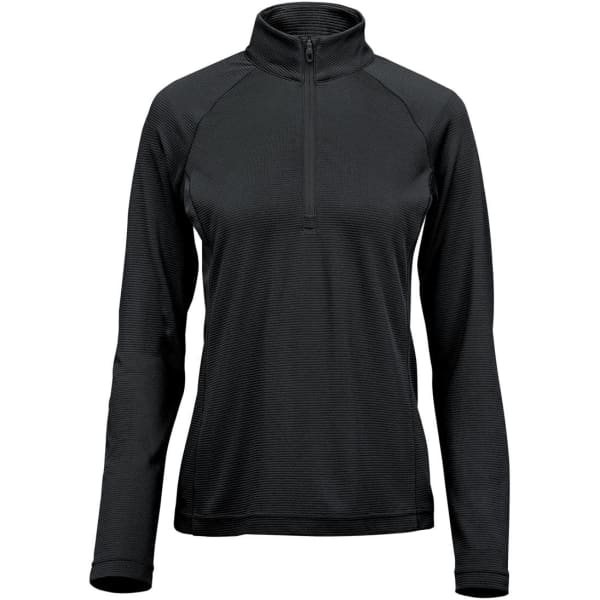 A women's black 1/2 zip pullover jumper featuring a textured design and a high collar. It has a logo on the side.