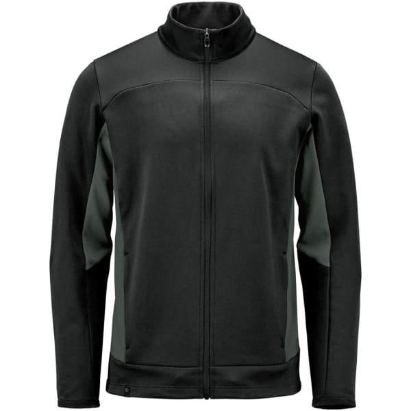 A black and dark green men's knit jacket with a zip front and high collar. Features a logo on the chest.