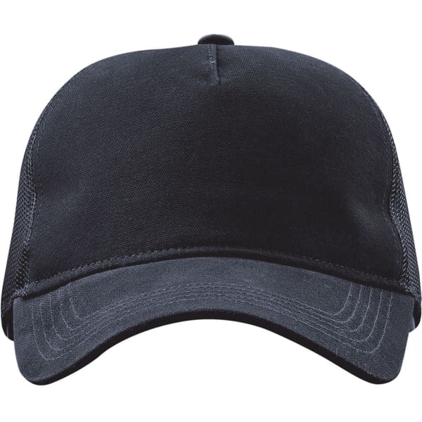 A black cap with a structured front and mesh panels at the back. It features a logo on the front.