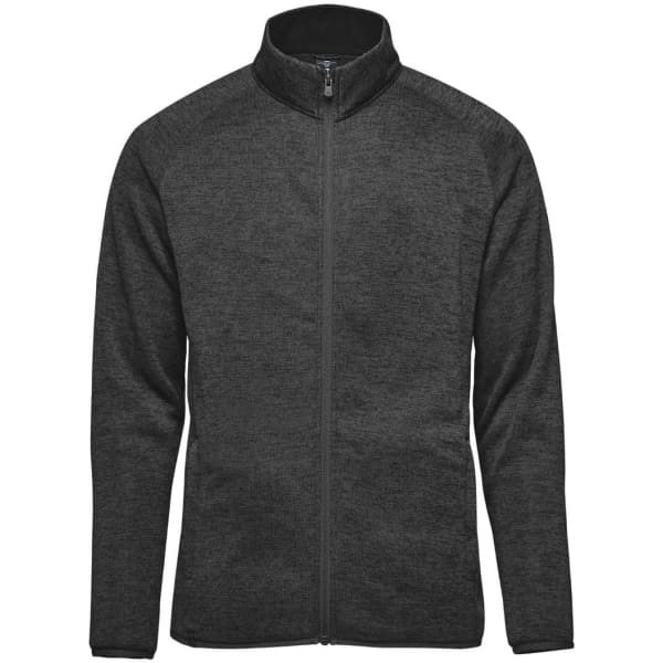A men's fleece jacket in dark grey with a zip-up front and stand-up collar, featuring branding on the sleeve.