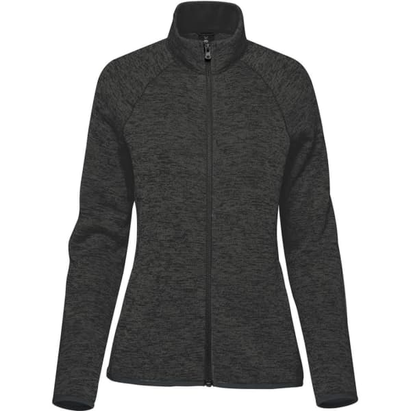 A women's polar fleece jacket in dark green with a full zip and a high collar, featuring a logo.