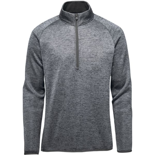 A grey men's polar fleece pullover with a half zip and long sleeves, featuring a logo on the chest.