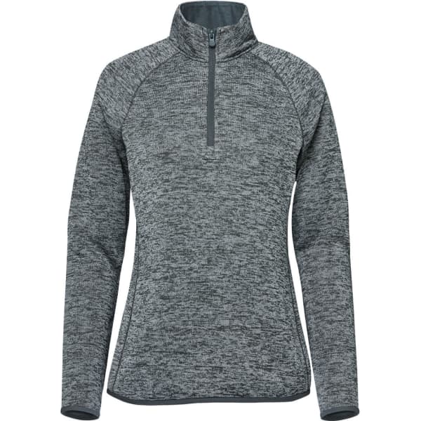 A women's pullover in grey, featuring a half zip and long sleeves, with a textured finish and a subtle logo.