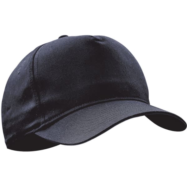 A black cap with a rounded crown and a curved peak, featuring a logo on the front.