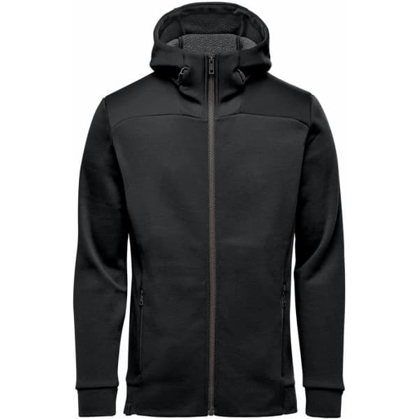 A black zip-up hoodie featuring a hood, with front pockets and a textured interior. Includes branding on the product.