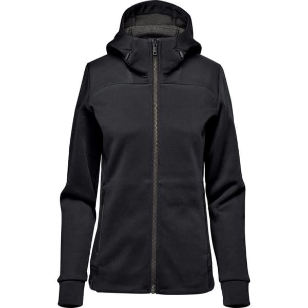A black women's hoodie with a zip-front and a fitted design, featuring a hood and a logo on the front.