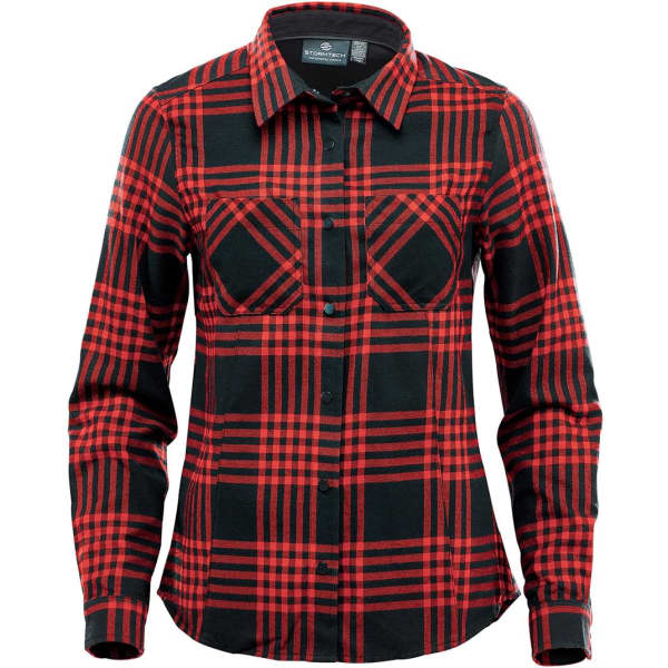 A red and black checkered long-sleeve button-up shirt with two chest pockets and a logo.