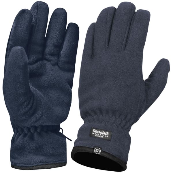 A pair of dark grey fleece gloves featuring a branded tag, designed for warmth and comfort.