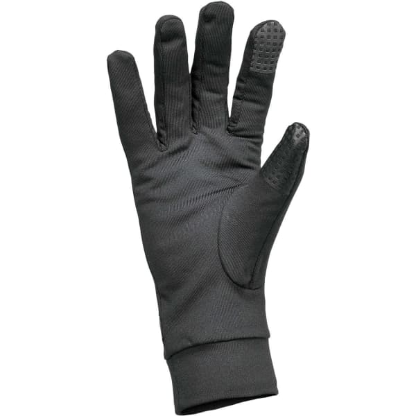 A black touchscreen glove with textured grip on the fingertips and a snug fit. It features a simple design and includes branding.