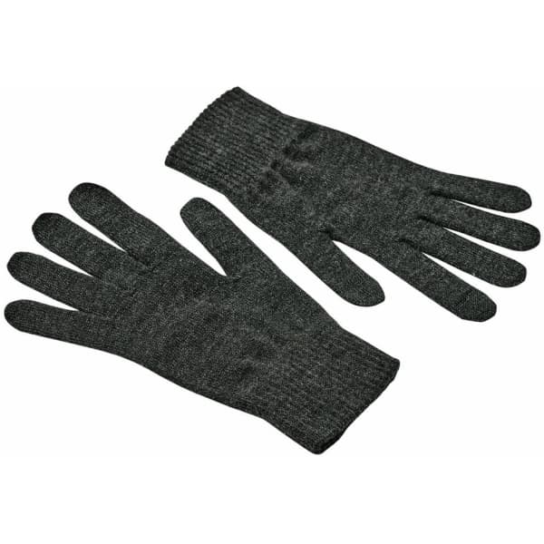 A pair of dark grey knit gloves with a ribbed cuff, featuring a simple design and texture.