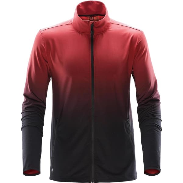 A men's jacket featuring a gradient design from red to black, with full zip and long sleeves. It has a logo.
