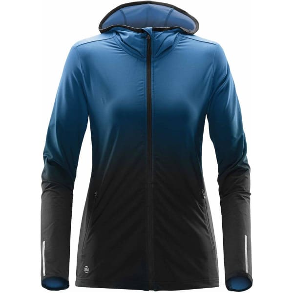 A women's hoodie in shades of blue and black, featuring a zip front, hood, and long sleeves. Includes a logo.