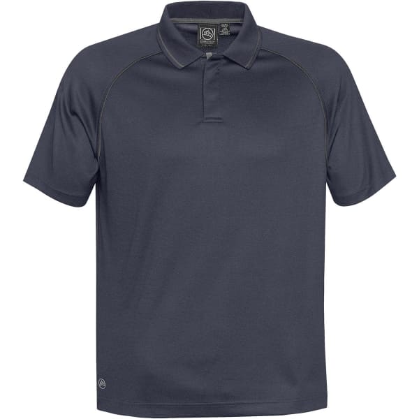 A dark grey men's polo shirt with a logo, featuring a classic collar and short sleeves.