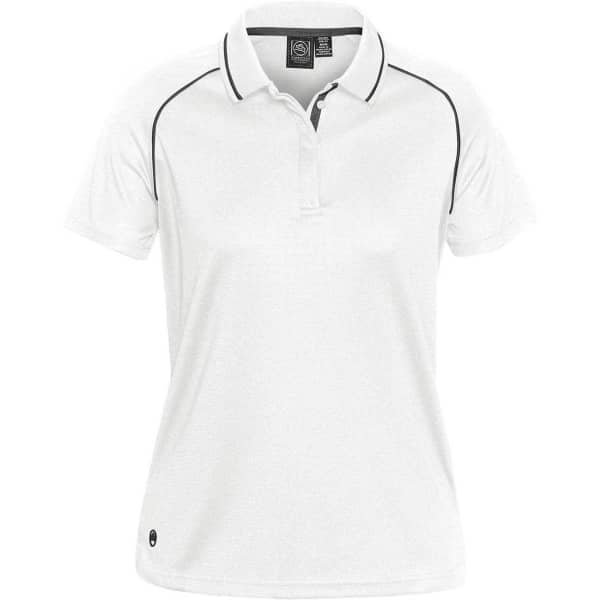 A women's white polo shirt with black detailing and a logo. Available in a classic fit.