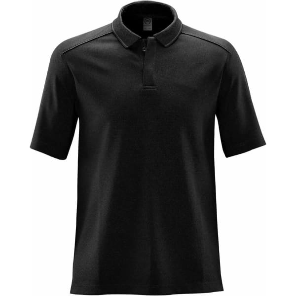 A black polo shirt with a classic collar and short sleeves, featuring a logo on the chest.