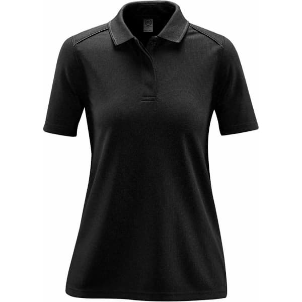 A women's short-sleeve polo shirt in black with a polo collar and a shoulder seam design. Features a logo.