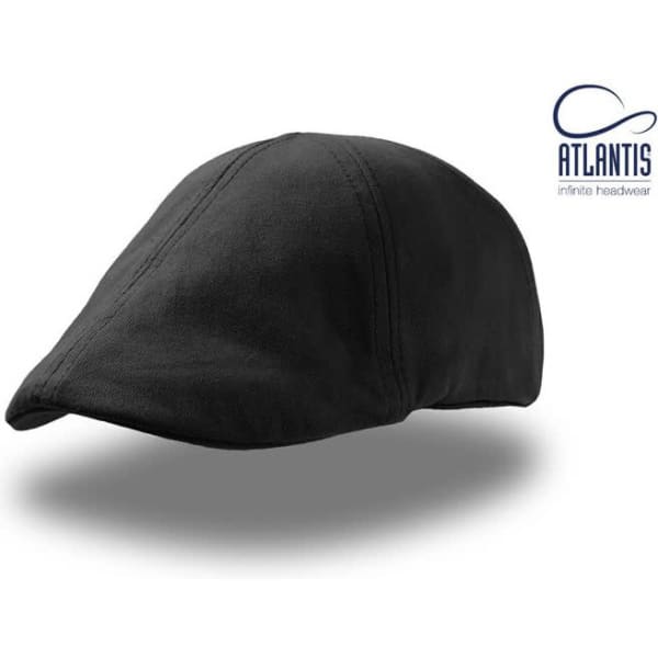 A black Gatsby-style cap with a rounded crown and a short peak, featuring branding.