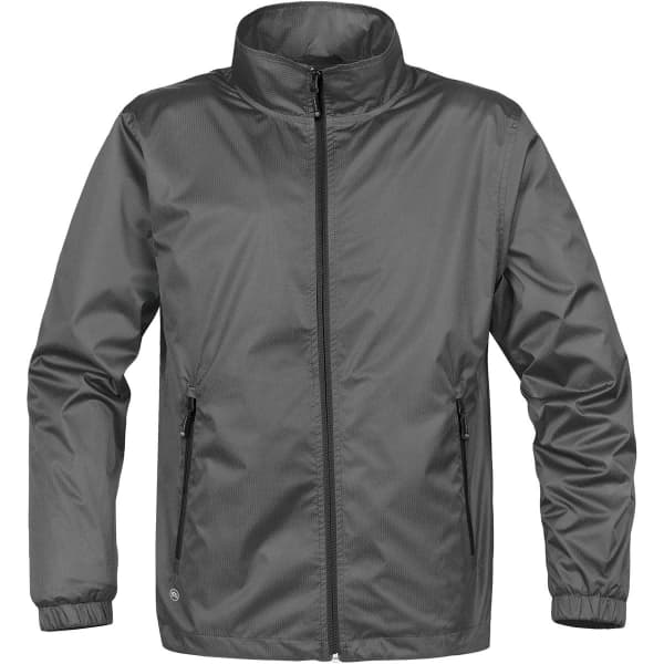 A grey soft shell jacket with a high collar and zip front, featuring two side pockets and a logo.