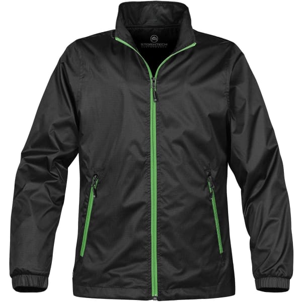 A black soft shell jacket with green zippers and two side pockets. Features a zip-up front and a collar.