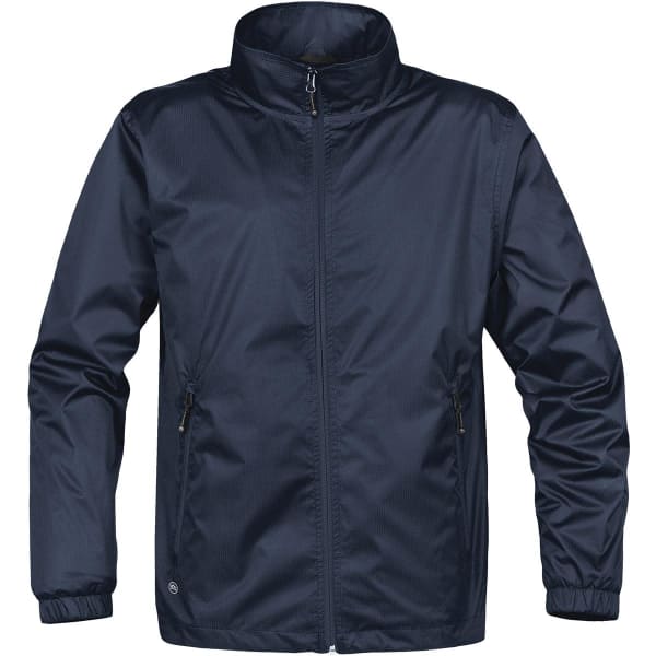 A navy soft shell jacket with a front zipper and two zippered side pockets, featuring a logo on the lower side.