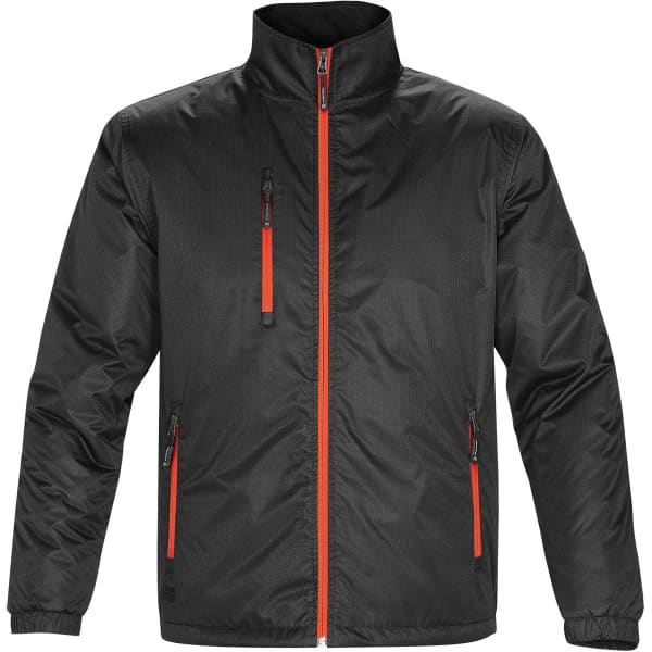 A black thermal jacket with orange zippers and pockets, featuring a stand-up collar and a logo.