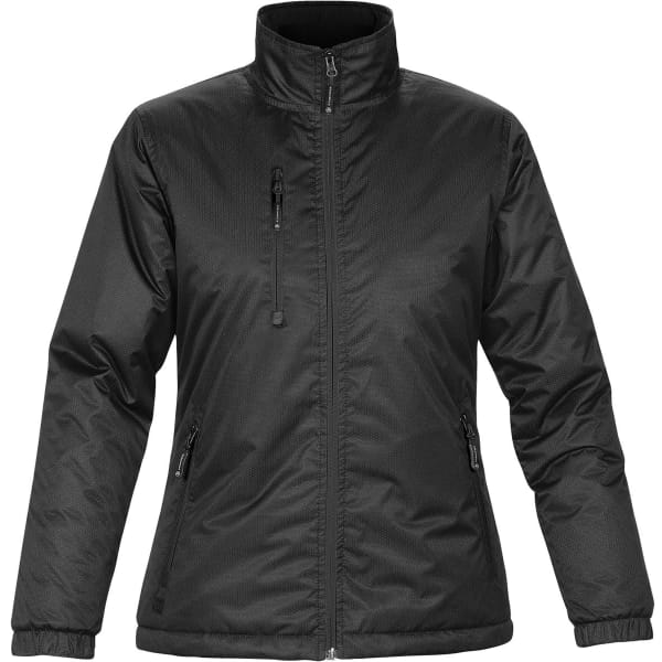 A black women's thermal jacket with a zip front, stand-up collar, and pockets, featuring a logo.