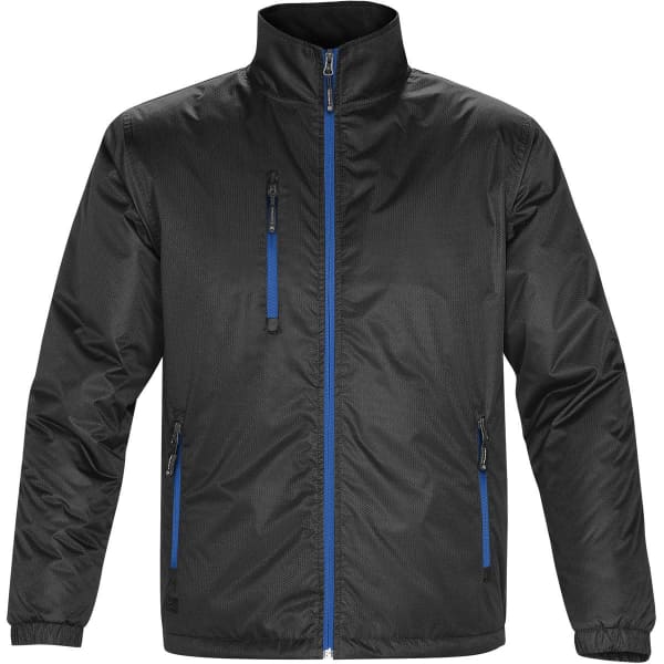 A black thermal jacket with blue accents, featuring a high collar and zippered pockets. It has a branded logo.