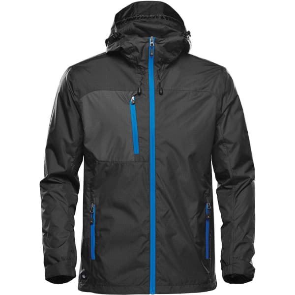 A black rain jacket with blue zip accents and a hood. It features a front zipper and side pockets.