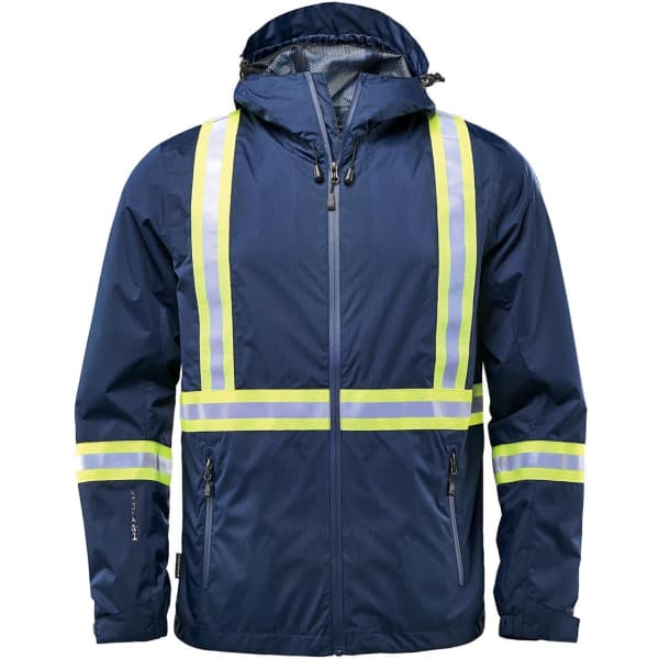 A navy rain jacket featuring reflective stripes, a hood, and zippered pockets, with a logo on the front.