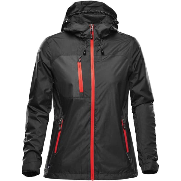 A rain jacket in black with red accents, featuring a hood and zippered pockets. It has a logo on the design.
