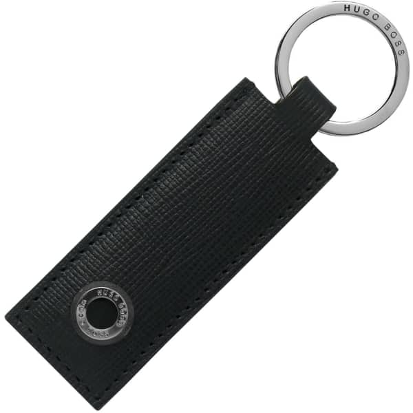 A black leather keyring with a textured finish and a metal ring, featuring a branding logo.