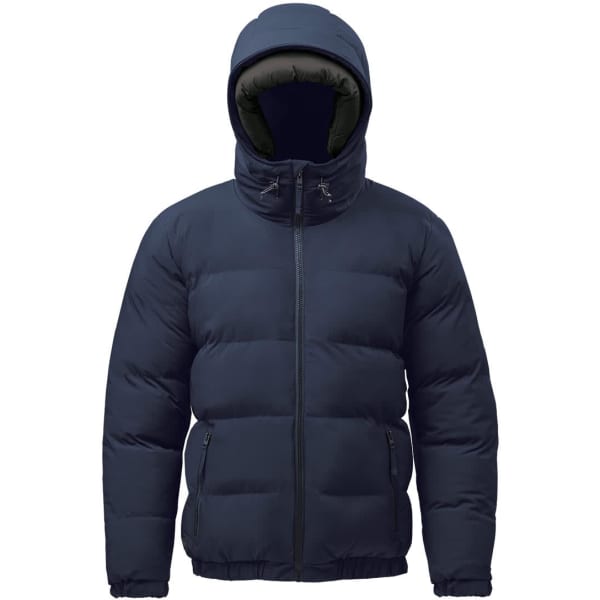 A navy blue thermal jacket with a hood, featuring a zip front and two side pockets. It includes a logo.