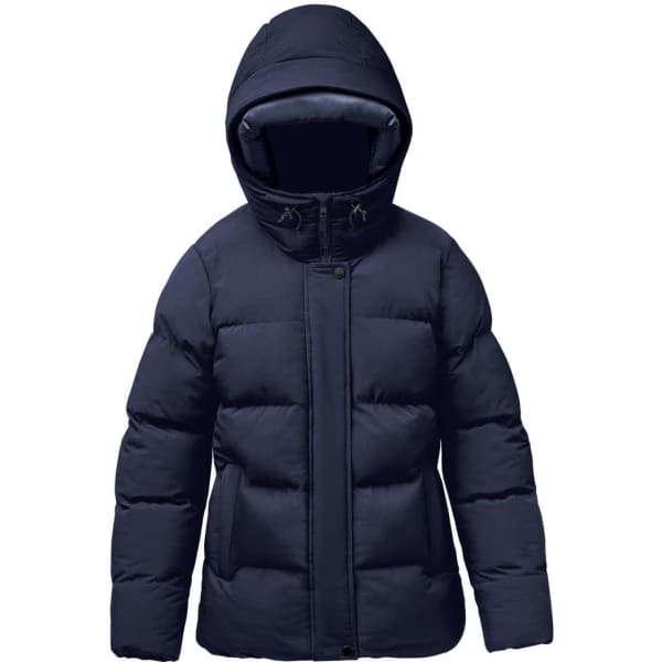 A navy blue women's thermal jacket with a hood, featuring a padded design and a front zipper. It has a logo.