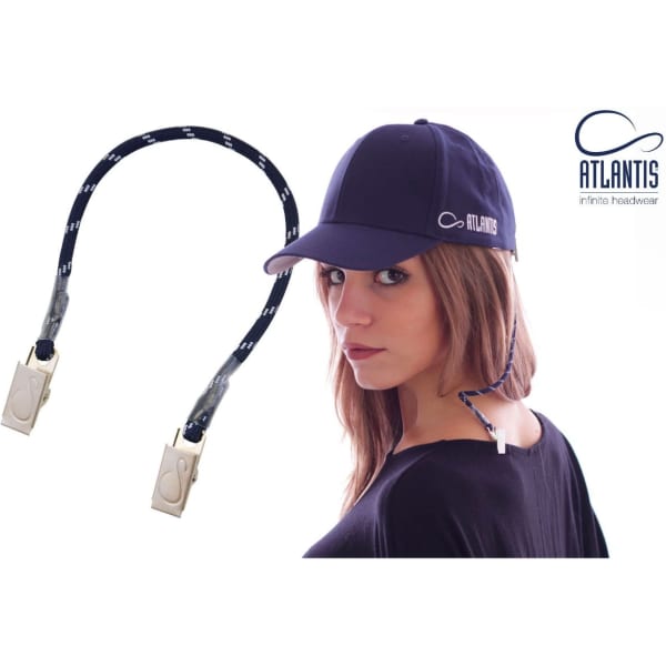 A navy blue cap lanyard features clips on each end, shown alongside a model wearing a matching cap. Logo included.