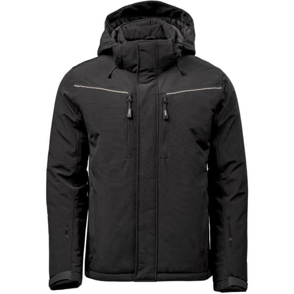 A thermal jacket in black with a hood, featuring two zipped chest pockets and a logo.