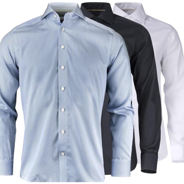 Button-up shirts in blue and white stripes, dark grey, and white, featuring a logo on one shirt.