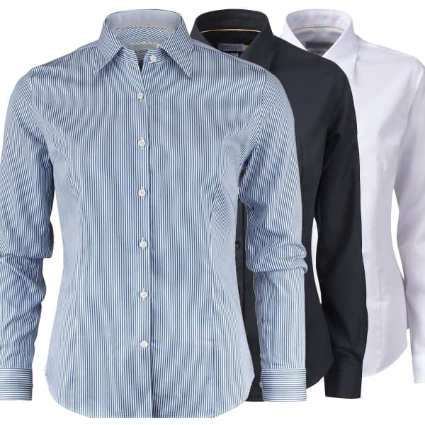 A collection of button-up shirts in blue striped, black, and white colours, featuring long sleeves and a branded label.