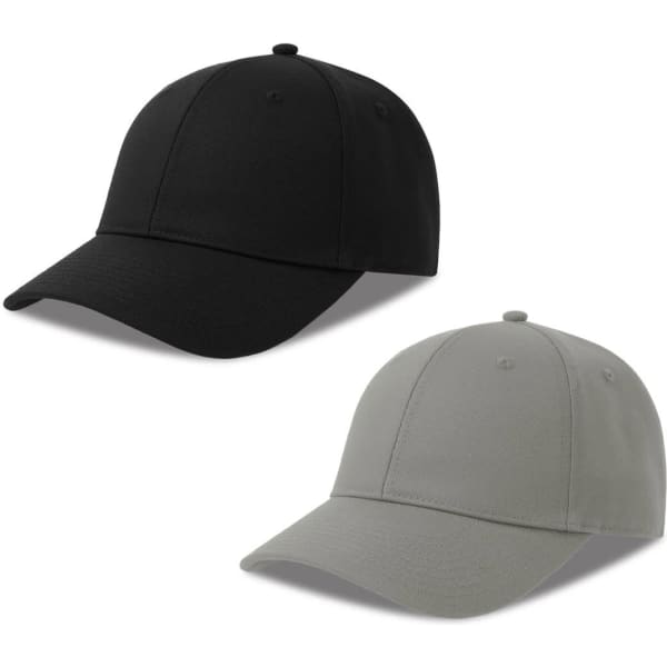 Two caps in black and grey, featuring a curved brim and a logo on the front. Made from organic/recycled cotton.
