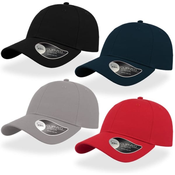 A collection of four caps in black, navy, grey, and red, each featuring a logo on the side.