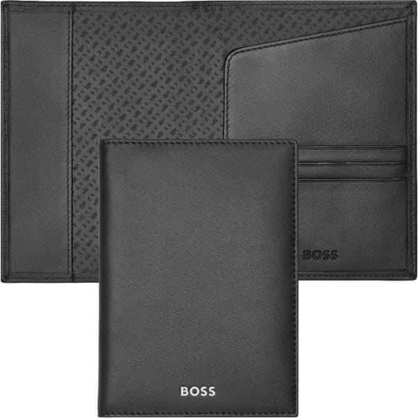 A black passport holder made of smooth leather, featuring card slots and a branding logo.