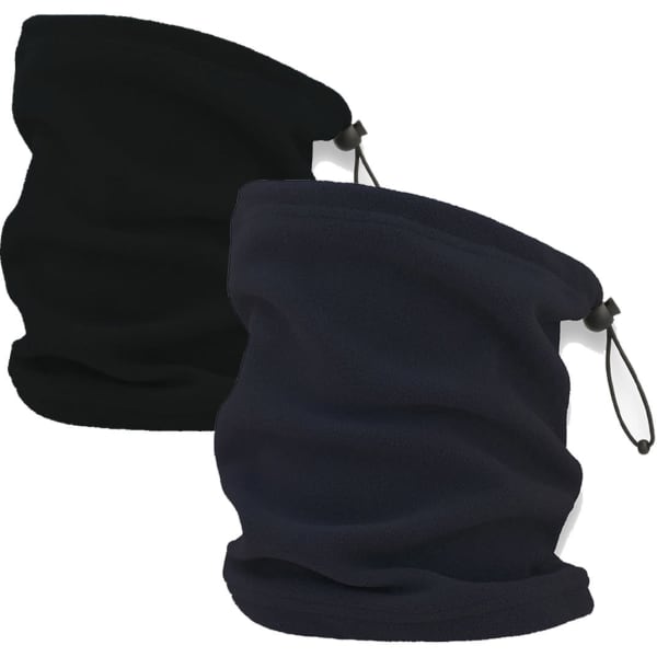 A pair of neck warmers in black and dark navy, featuring a drawstring adjustment and a soft fleece material.