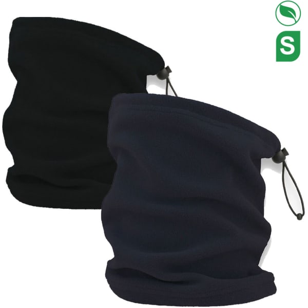 A set of two neck warmers in black and navy, featuring a drawstring for adjustment. Both items have a logo.