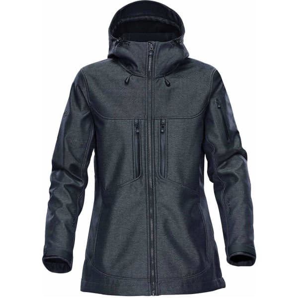 A women's softshell jacket in dark grey, featuring a hood and multiple zippered pockets. It has a branded logo.