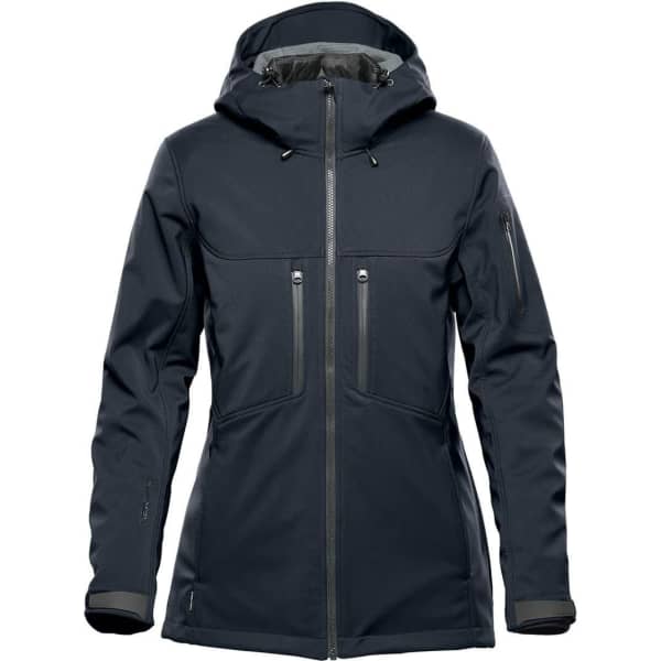 A women's jacket in dark grey with a hood, featuring two front pockets and a sleek design. It has a branding logo.