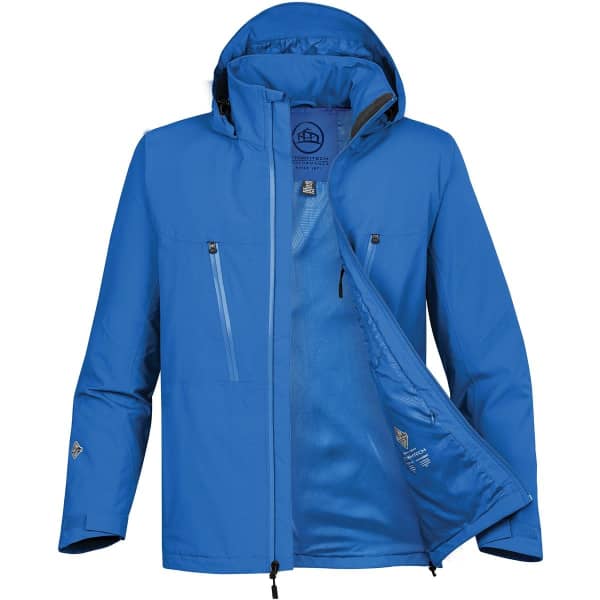 A blue men's rain jacket with a hood and zippered pockets, featuring an inner lining and a logo.