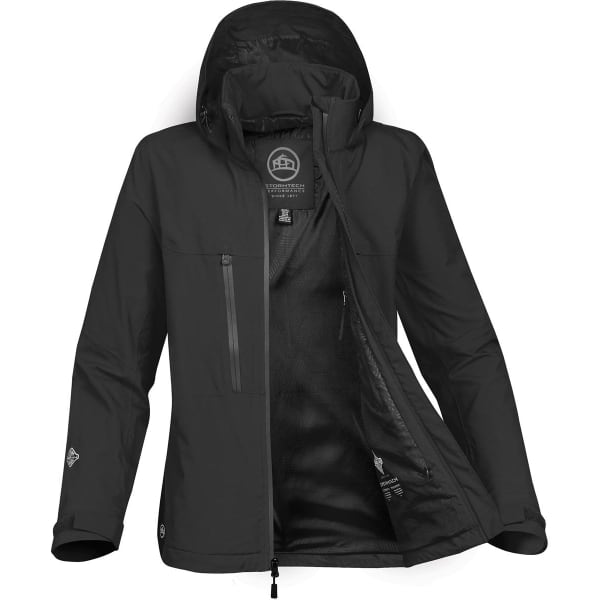 A black women's rain jacket with a hood, featuring zippered pockets and a logo on the inner lining.